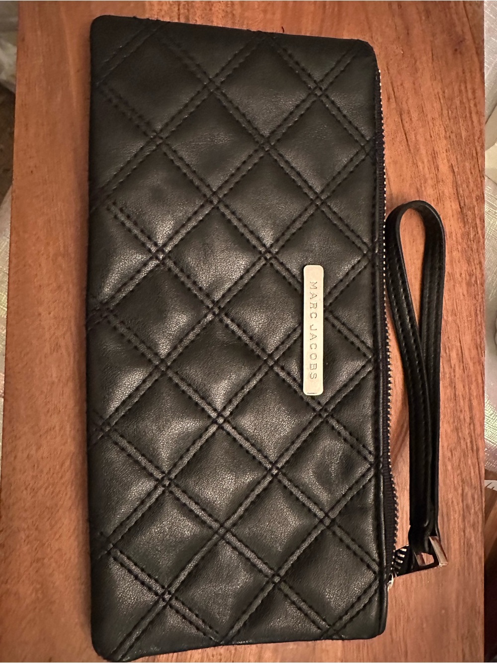 Marc Jacobs Black Quilted Leather Wristlet with Gold Logo Plate